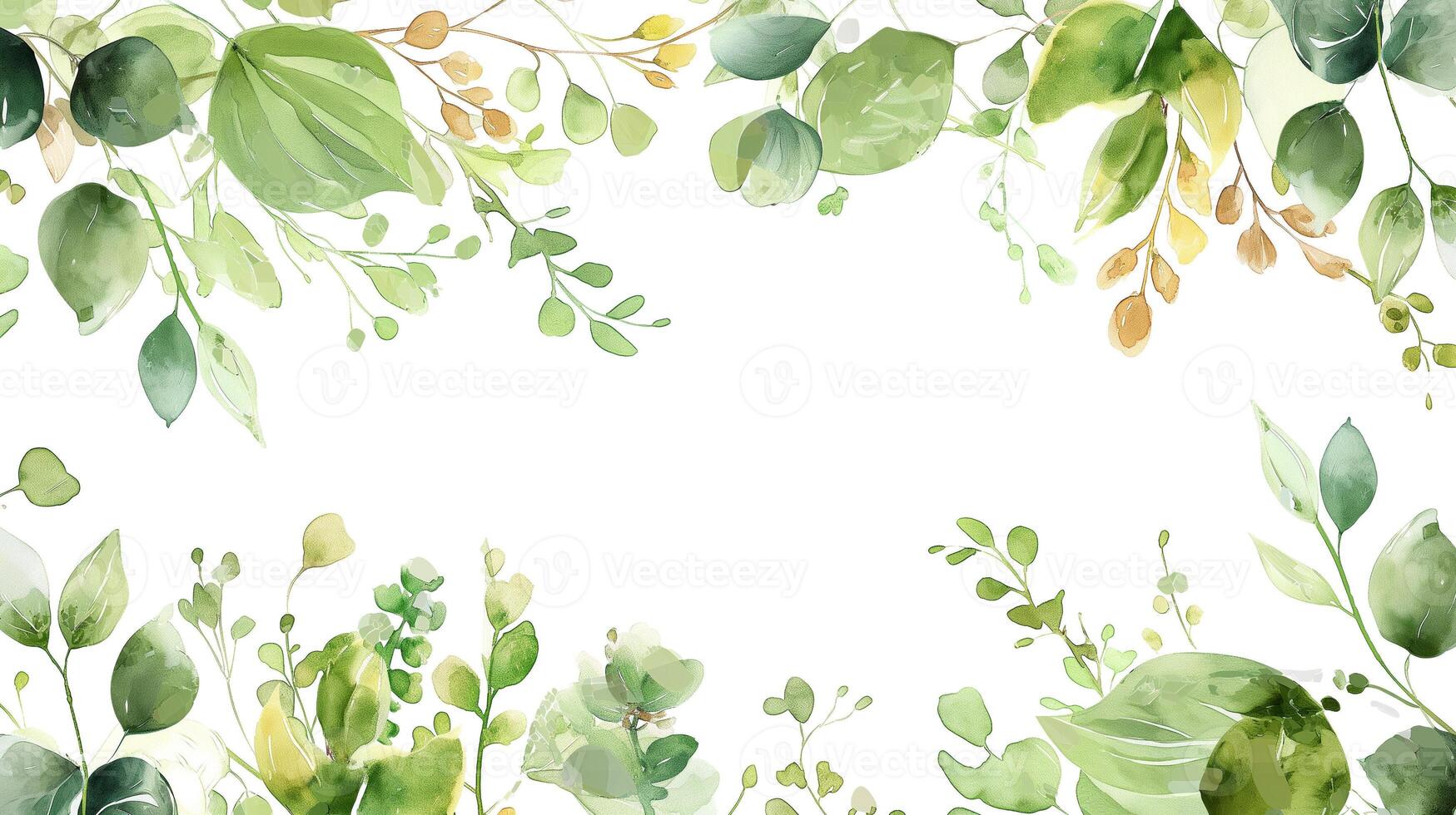 A delicate watercolor frame with green leaves and subtle flowers photo