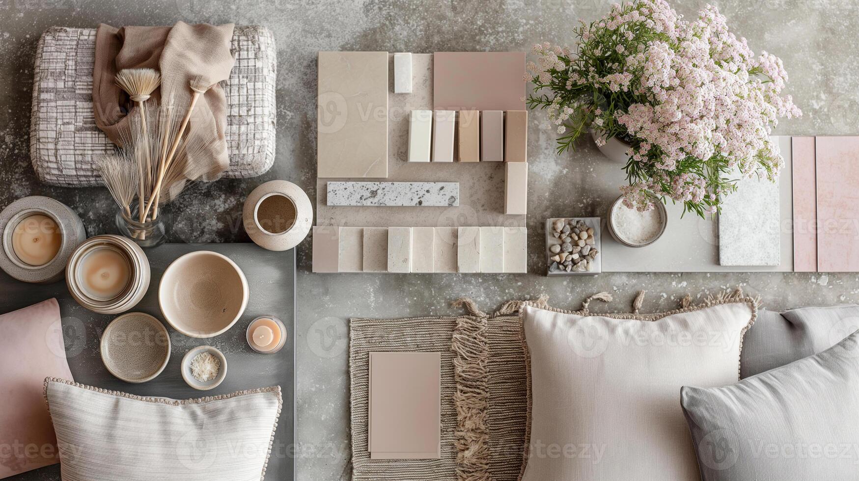 An arrangement of natural elements and textures, including candles, flowers, and various fabric and material samples, presented in a soft and neutral color palette. photo