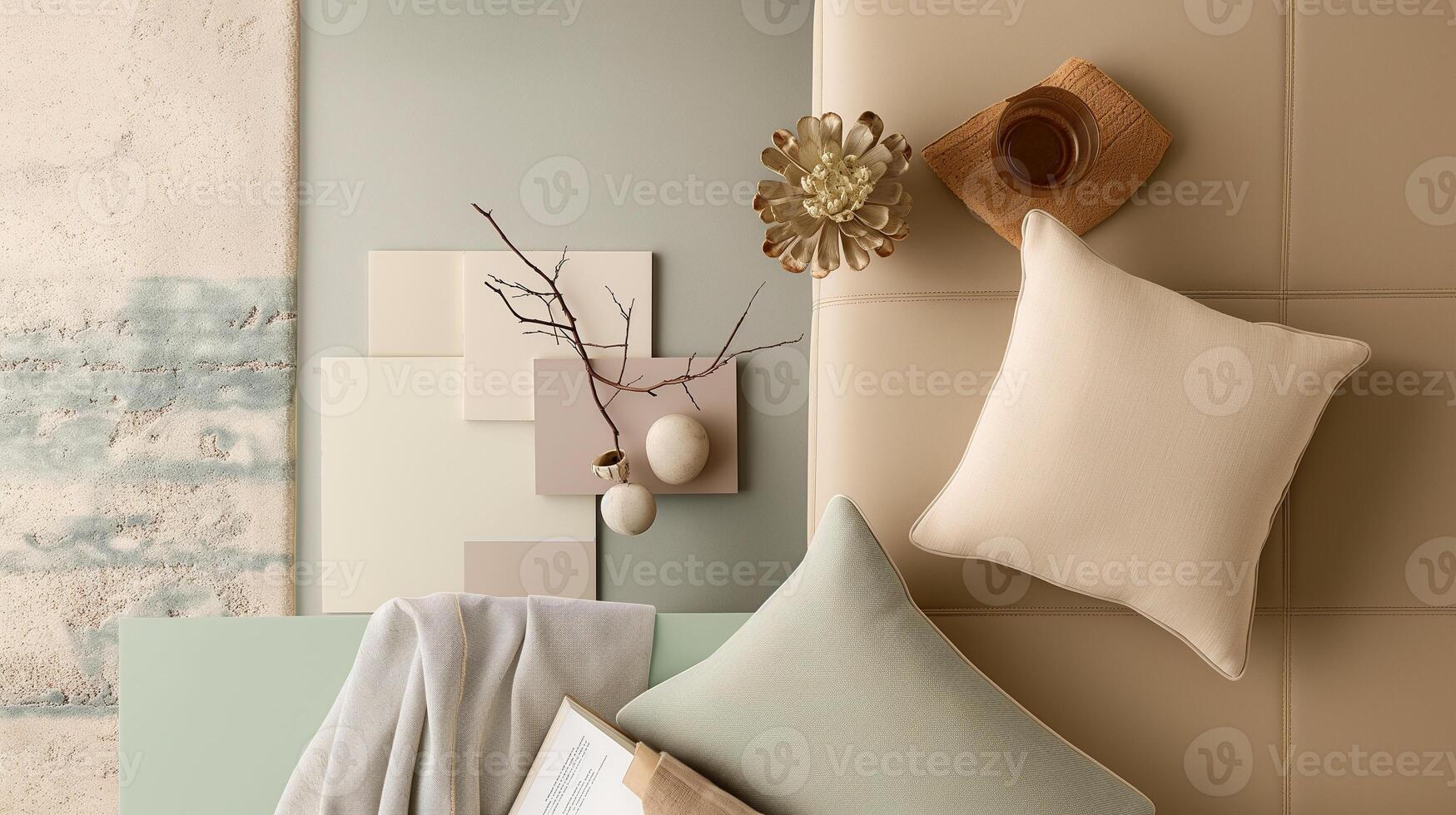 Soft Neutral Tones Decor with Cushions and Branches photo