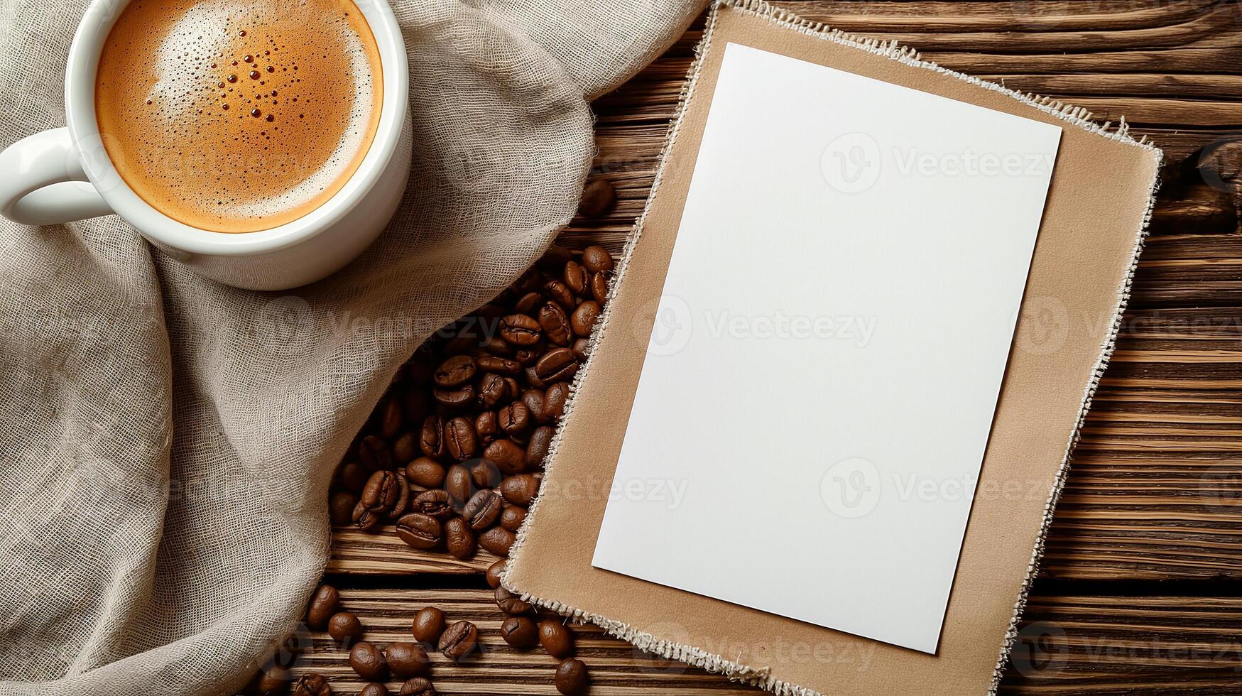 Close-up of coffee cup and coffee beans on Empty brown wooden table and Coffee shop interior with Mock-up Menu frame photo