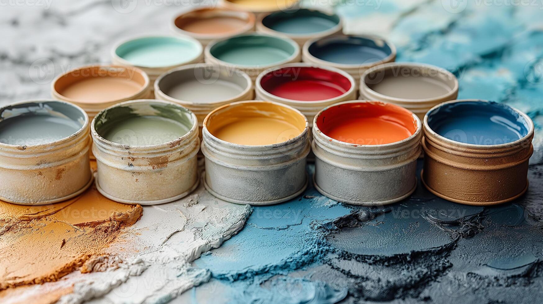 Colorful Paint Pots with Textured Paint Strokes photo