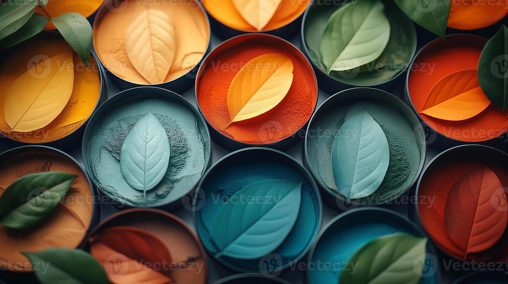 Vibrant Color Powders with Leaves in Containers photo