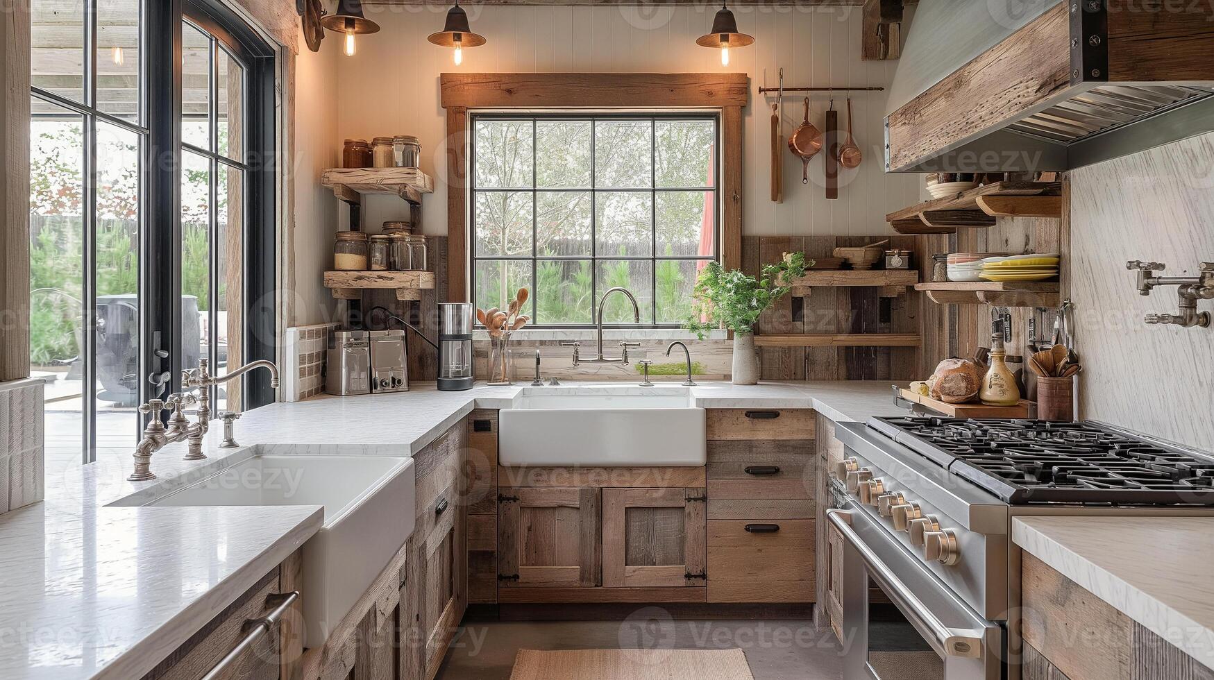 A rustic farmhouse kitchen with reclaimed wood cabinets, a large farmhouse sink, and vintage-style appliances. photo