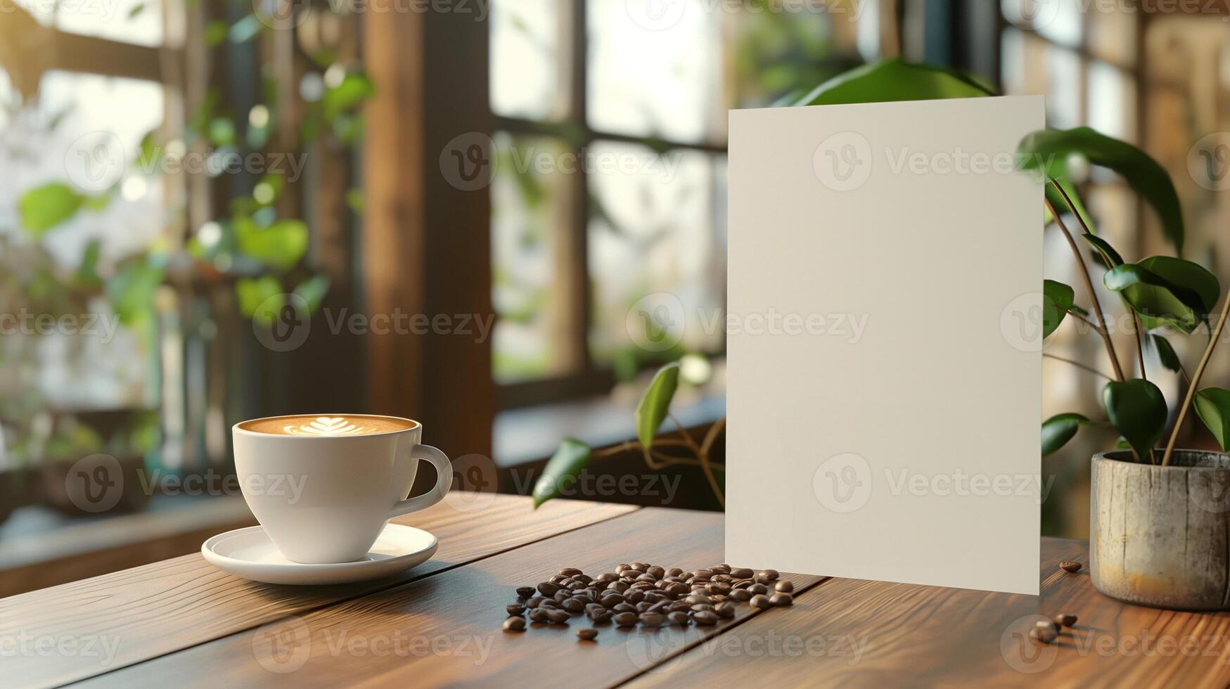 Close-up of coffee cup and coffee beans on Empty brown wooden table and Coffee shop interior with Mock-up Menu frame photo