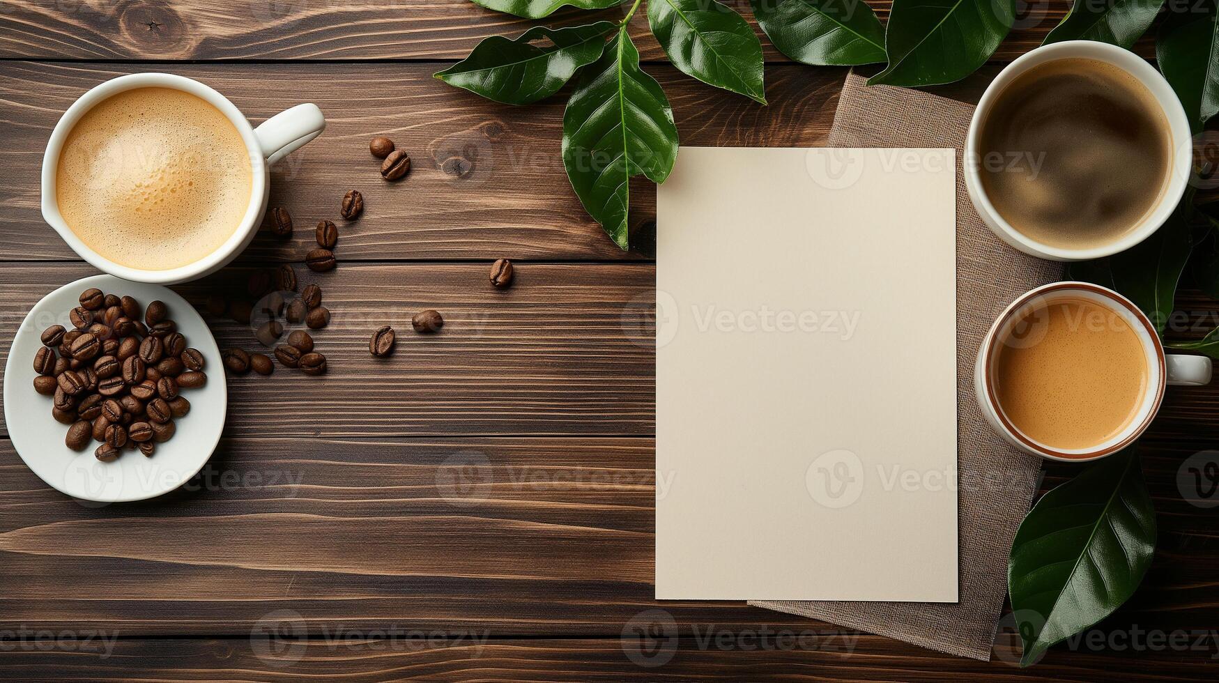 Close-up of coffee cup and coffee beans on Empty brown wooden table and Coffee shop interior with Mock-up Menu frame photo