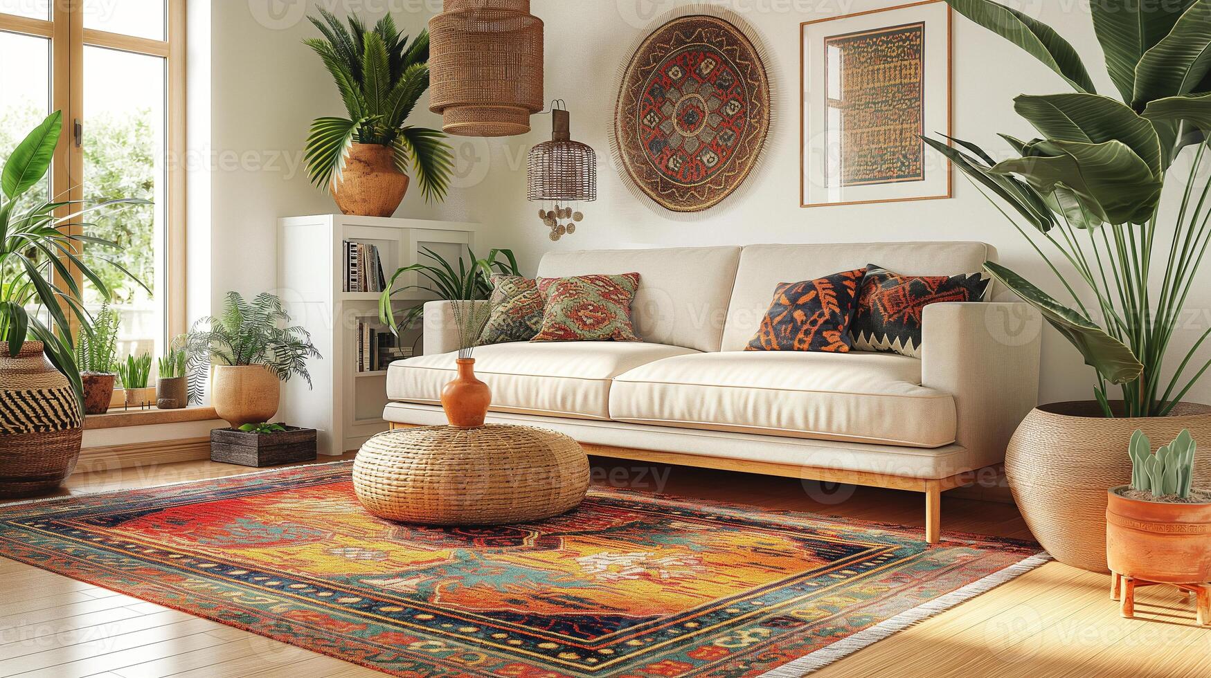 A bohemian chic living space with eclectic furniture, vibrant colors, and a mix of patterns. photo