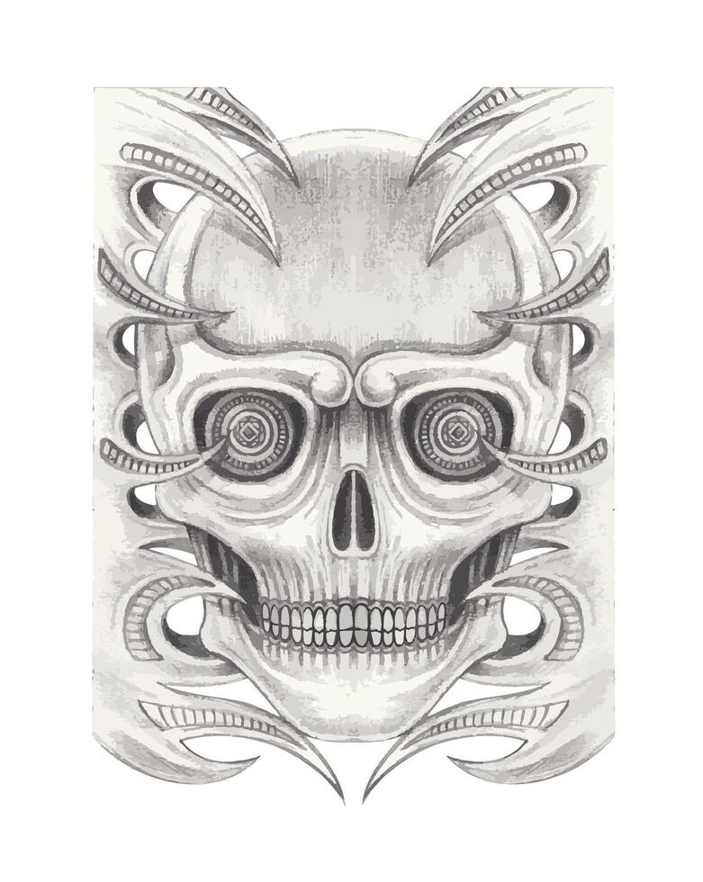 Skull tattoo surreal art design by hand drawing on paper and make graphic . vector