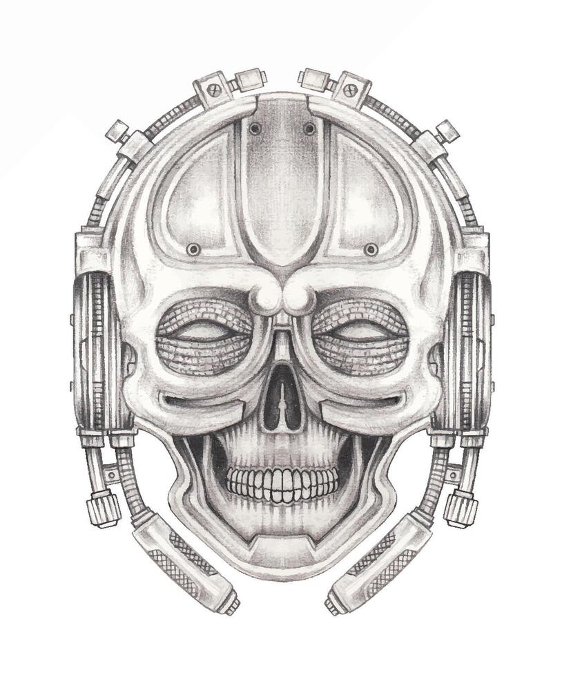 Cyberpunk skull tattoo design by hand drawing on paper make graphic . vector