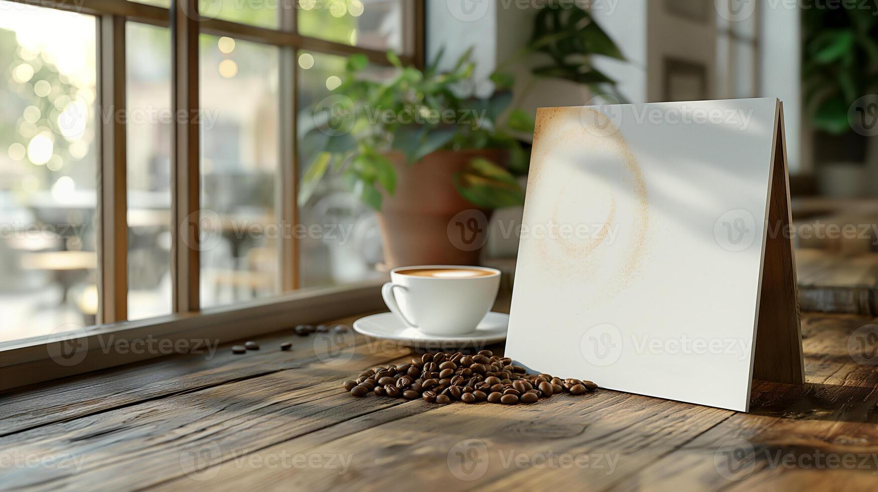 Close-up of coffee cup and coffee beans on Empty brown wooden table and Coffee shop interior with Mock-up Menu frame photo