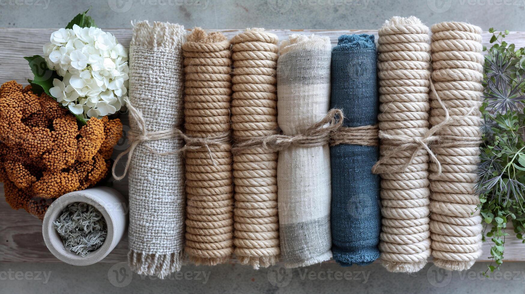 natural fibra rollos y flores foto