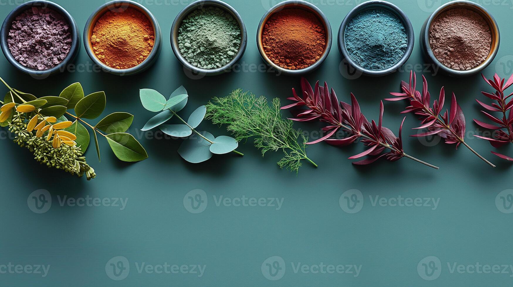 Colorful Powders and Greenery on Blue Background photo