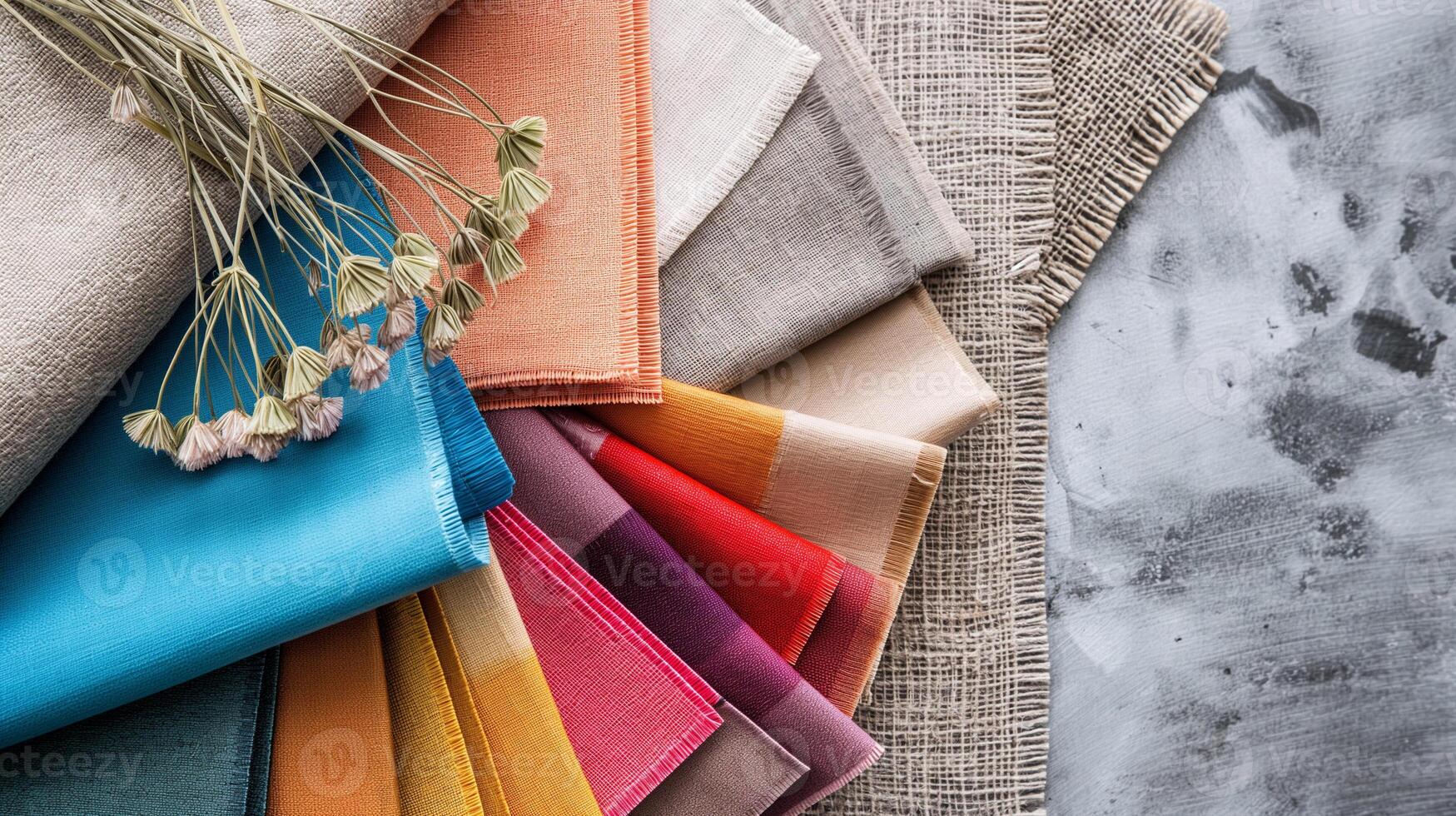 Colorful Fabric Swatches with Dried Flowers on Textured Surface photo