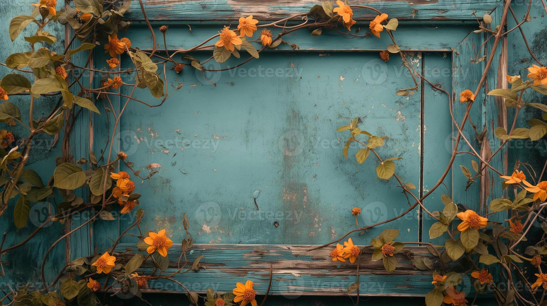 Rustic wooden frame adorned with vines and flowers photo