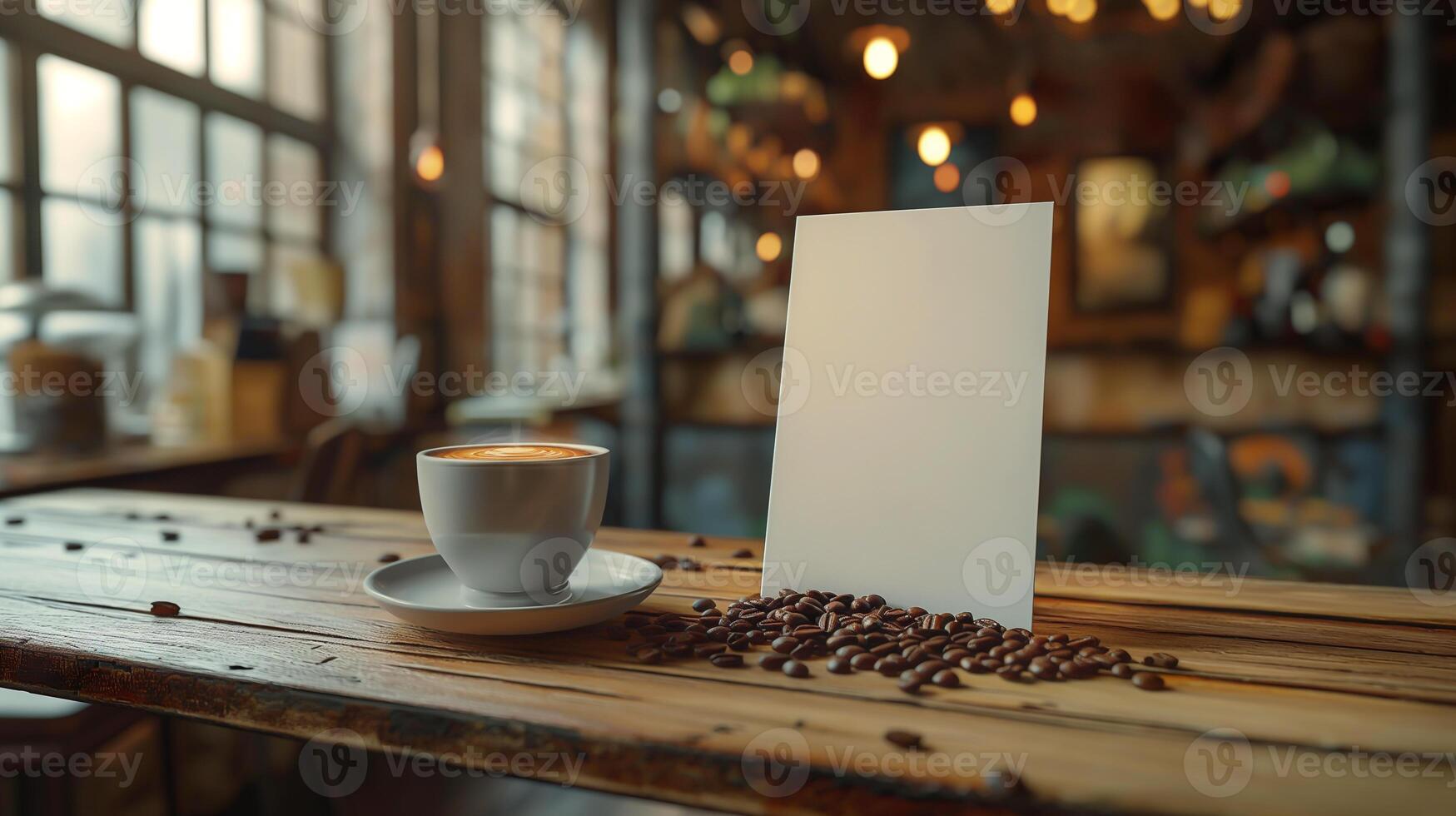 Close-up of coffee cup and coffee beans on Empty brown wooden table and Coffee shop interior with Mock-up Menu frame photo