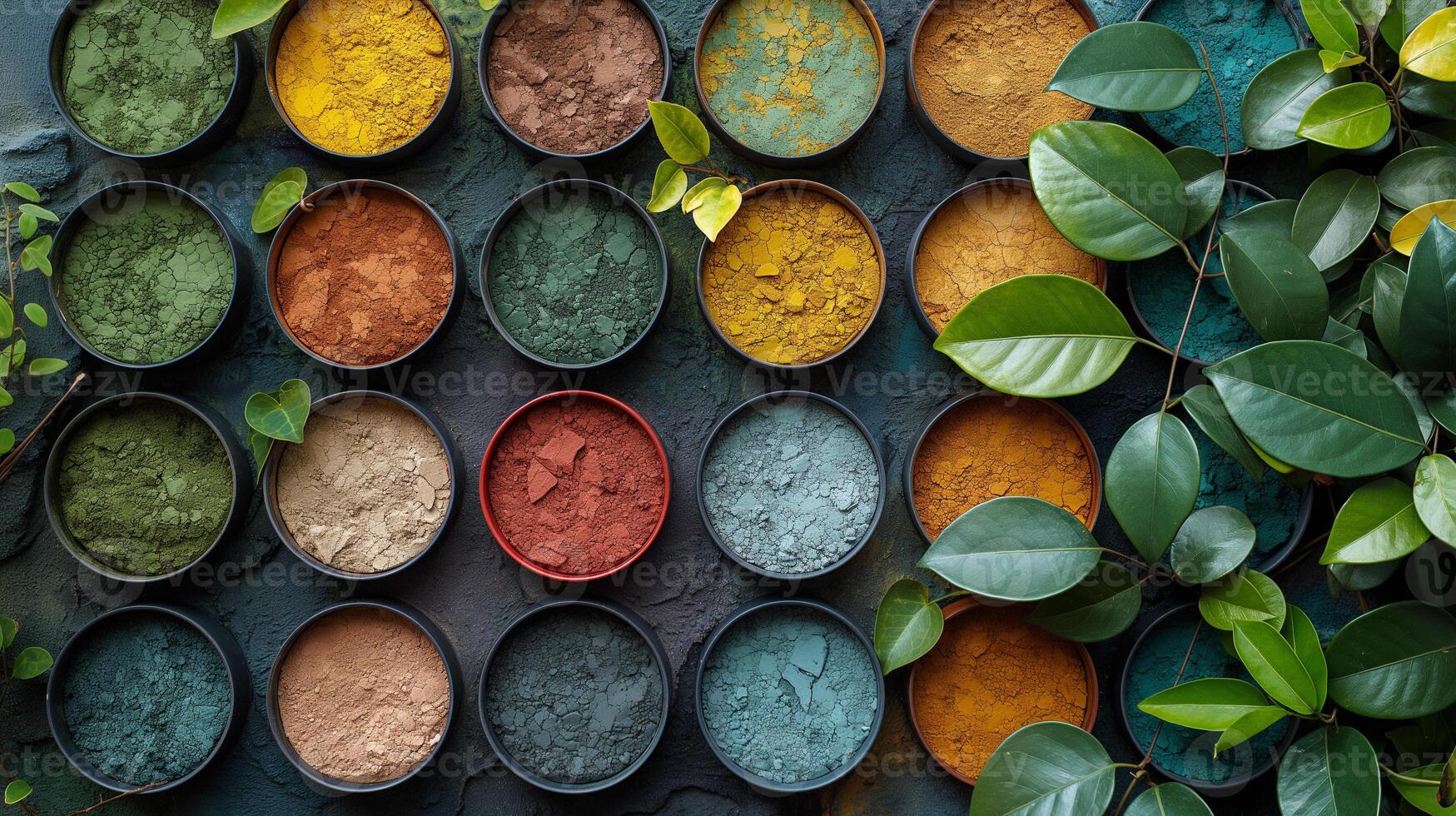 Natural Pigments in Bowls with Greenery photo