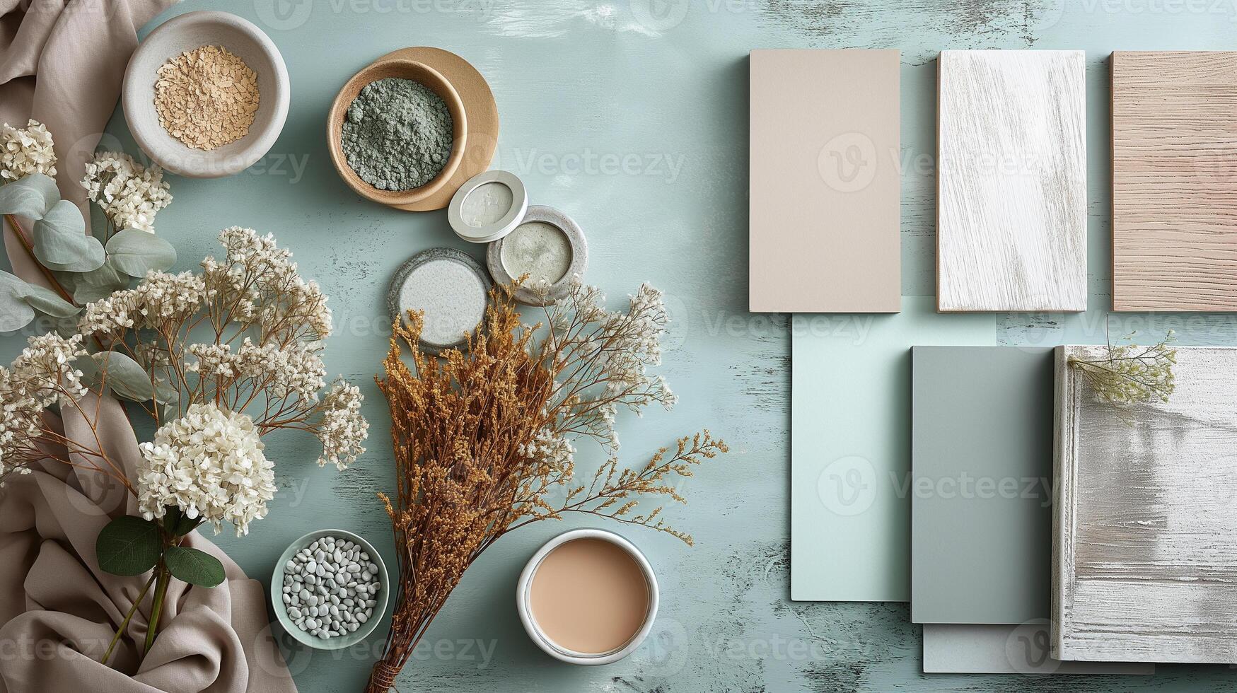 A carefully curated still life featuring dried flowers, natural elements, and textured fabric samples, arranged on a pastel-colored background, creating a soft and artistic visual. photo