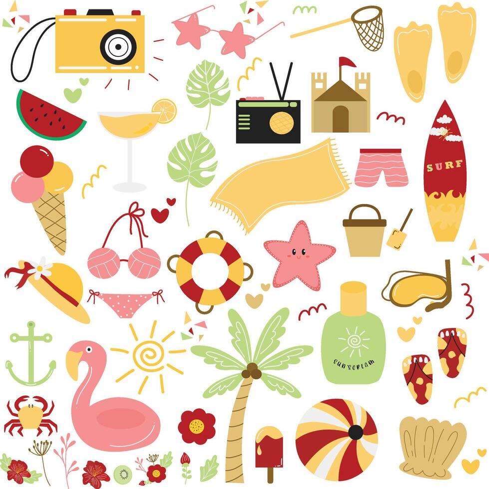Abstract Summer Elements Illustration. Summer Vacation and Beach Elements. illustration in flat style. vector