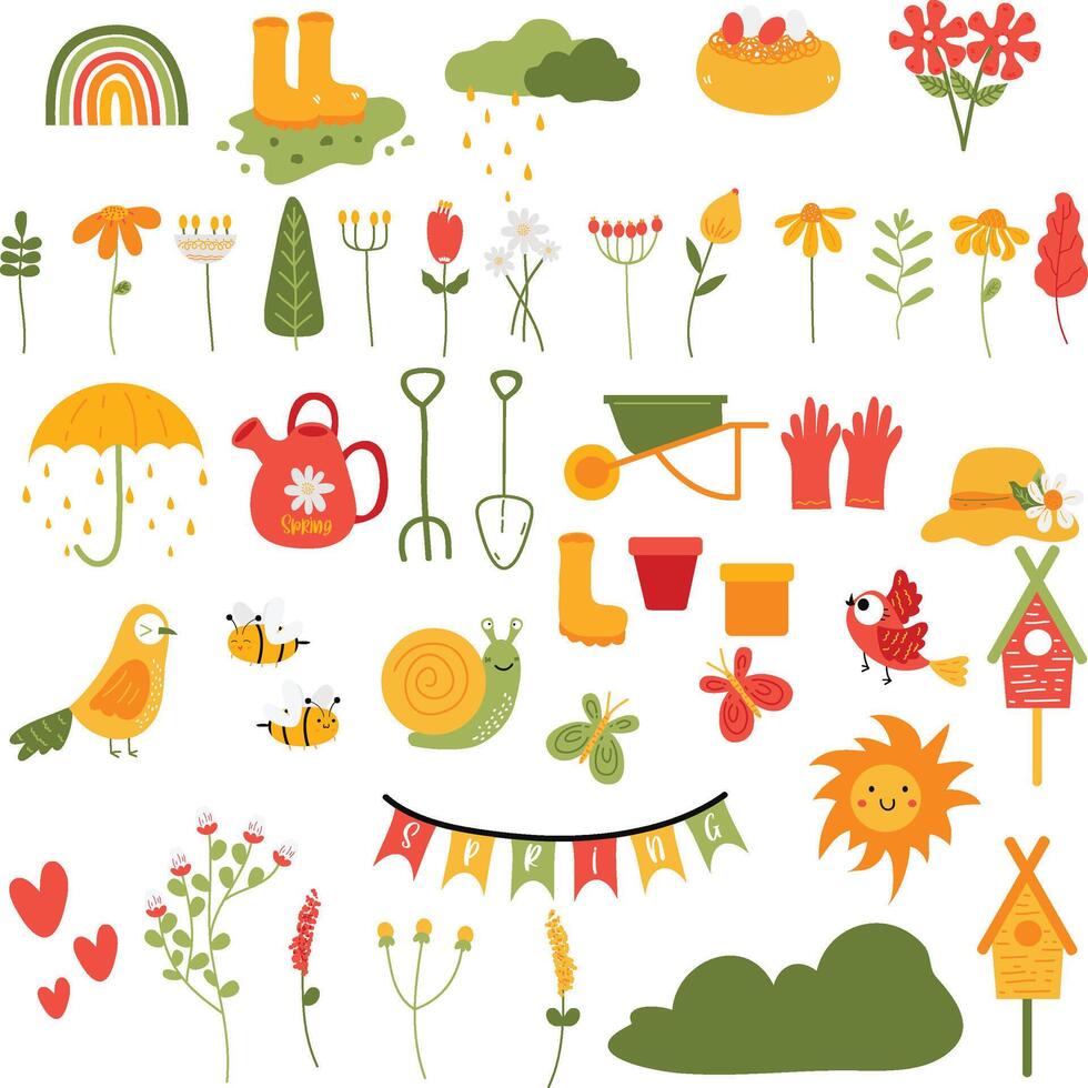 Set of cute hand drawn spring and summer elements. illustration. gardening elements vector