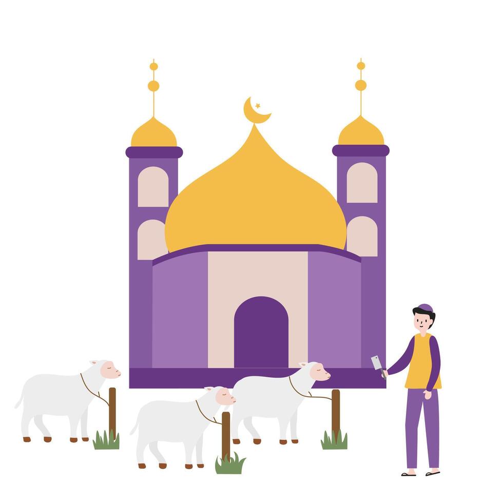 Eid Al Adha mubarak white card. Muslim holiday card with cute sheep, moon and lantern and stars. illustration. vector