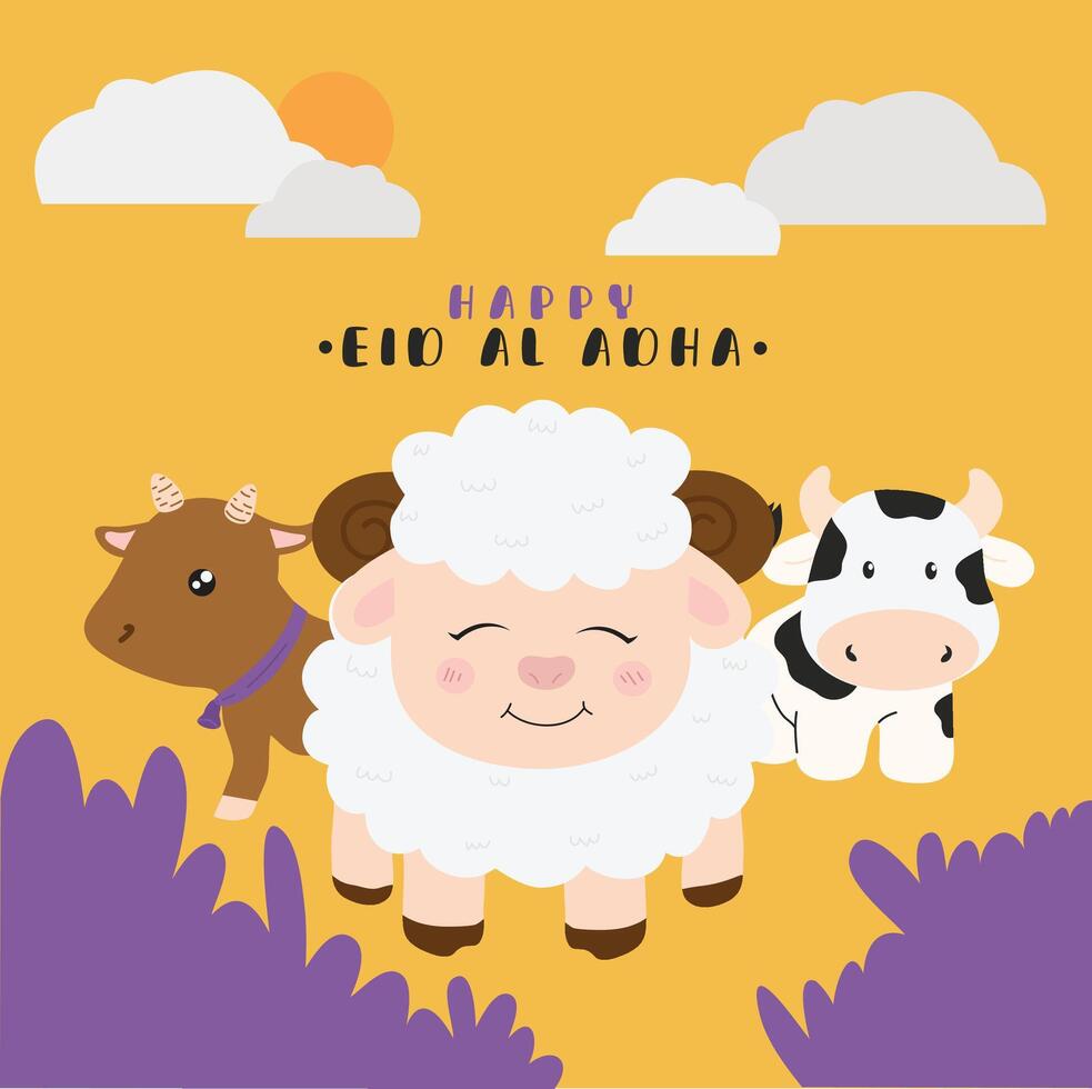 Eid Al Adha mubarak white card. Muslim holiday card with cute sheep, moon and lantern and stars. illustration. vector