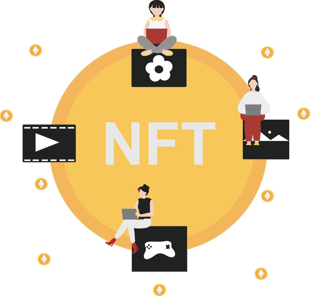 Cryptocurrency blockchain flat design illustration, NFT, Bitcoin Mining, Modern flat cartoon style. illustration on white background vector