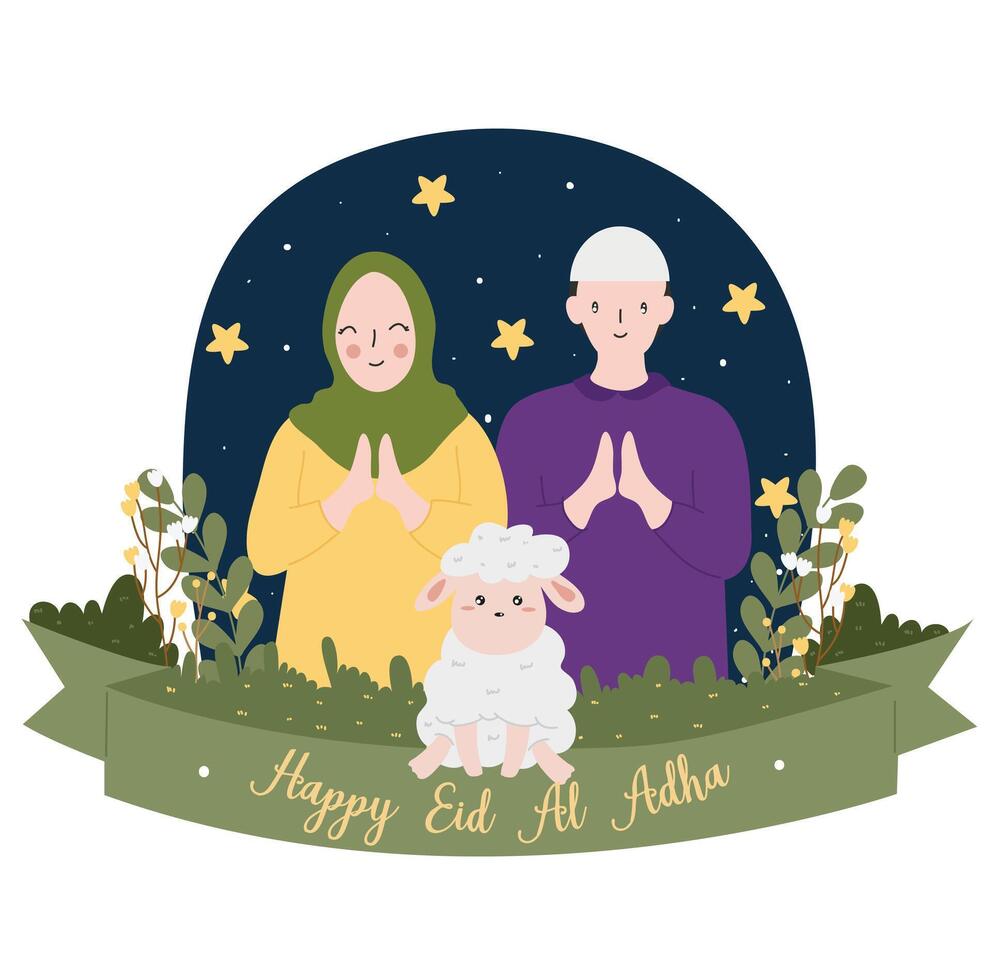 Eid Al Adha mubarak white card. Muslim holiday card with cute sheep, moon and lantern and stars. illustration. vector