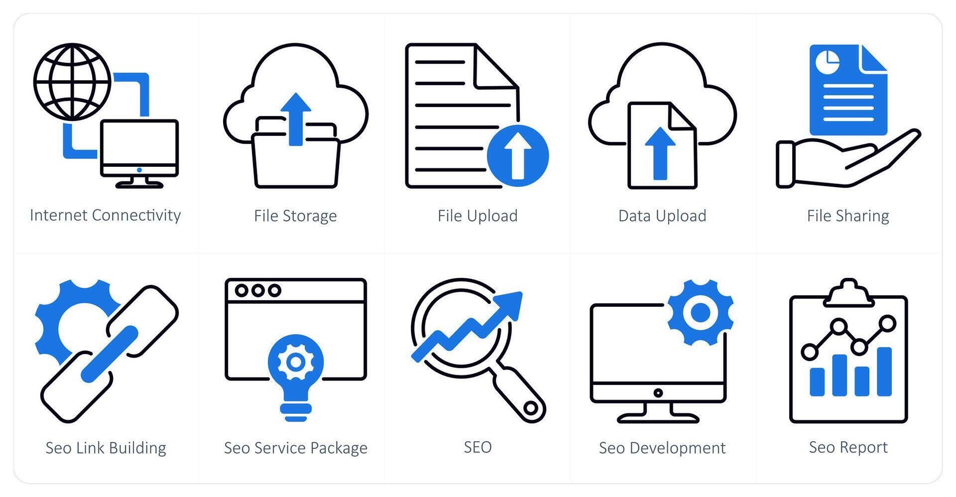 A set of 10 seo icons as internet connectivity, file storage, file upload vector