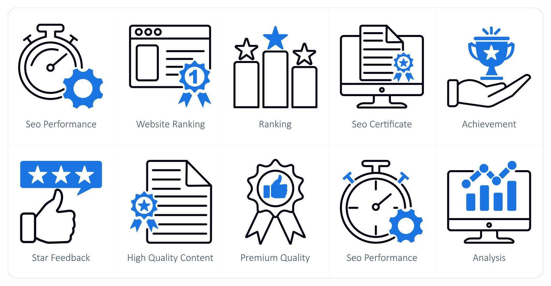 A set of 10 seo icons as seo performance, website ranking, ranking vector