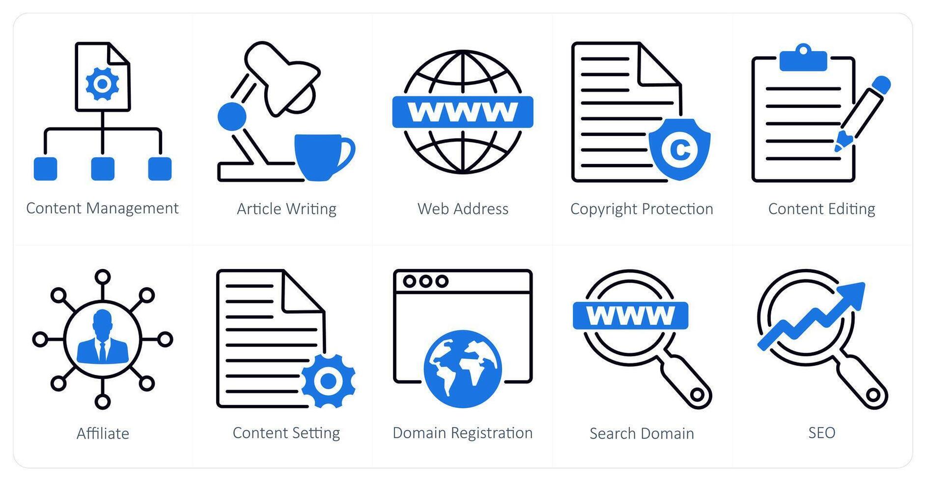 A set of 10 seo icons as content management, article writing, web address vector