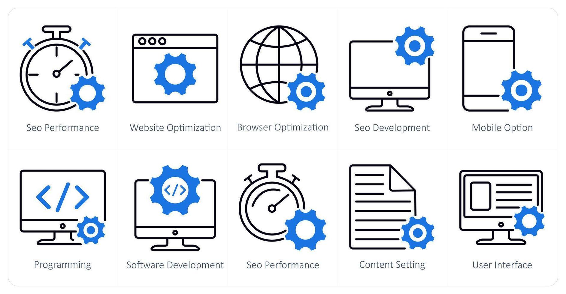 A set of 10 seo icons as seo performance, website optimization, browser optimization vector