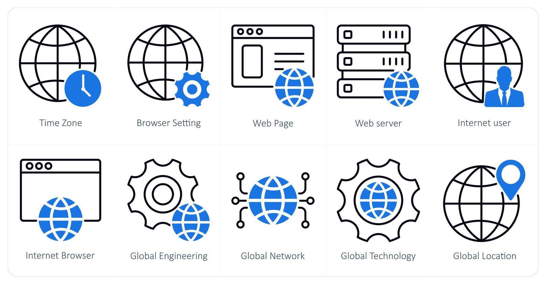 A set of 10 seo icons as time zone, browser setting, webpage vector
