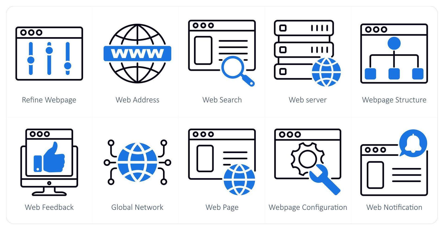 A set of 10 seo icons as refine webpage, web address, web search vector