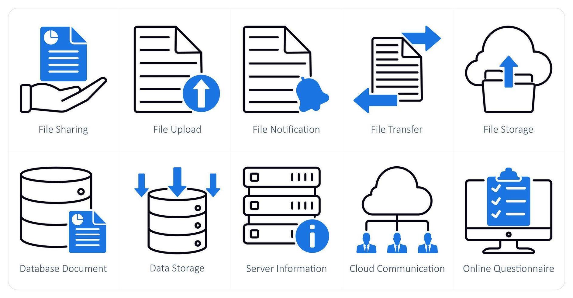 A set of 10 seo icons as file sharing, file upload, file notification vector