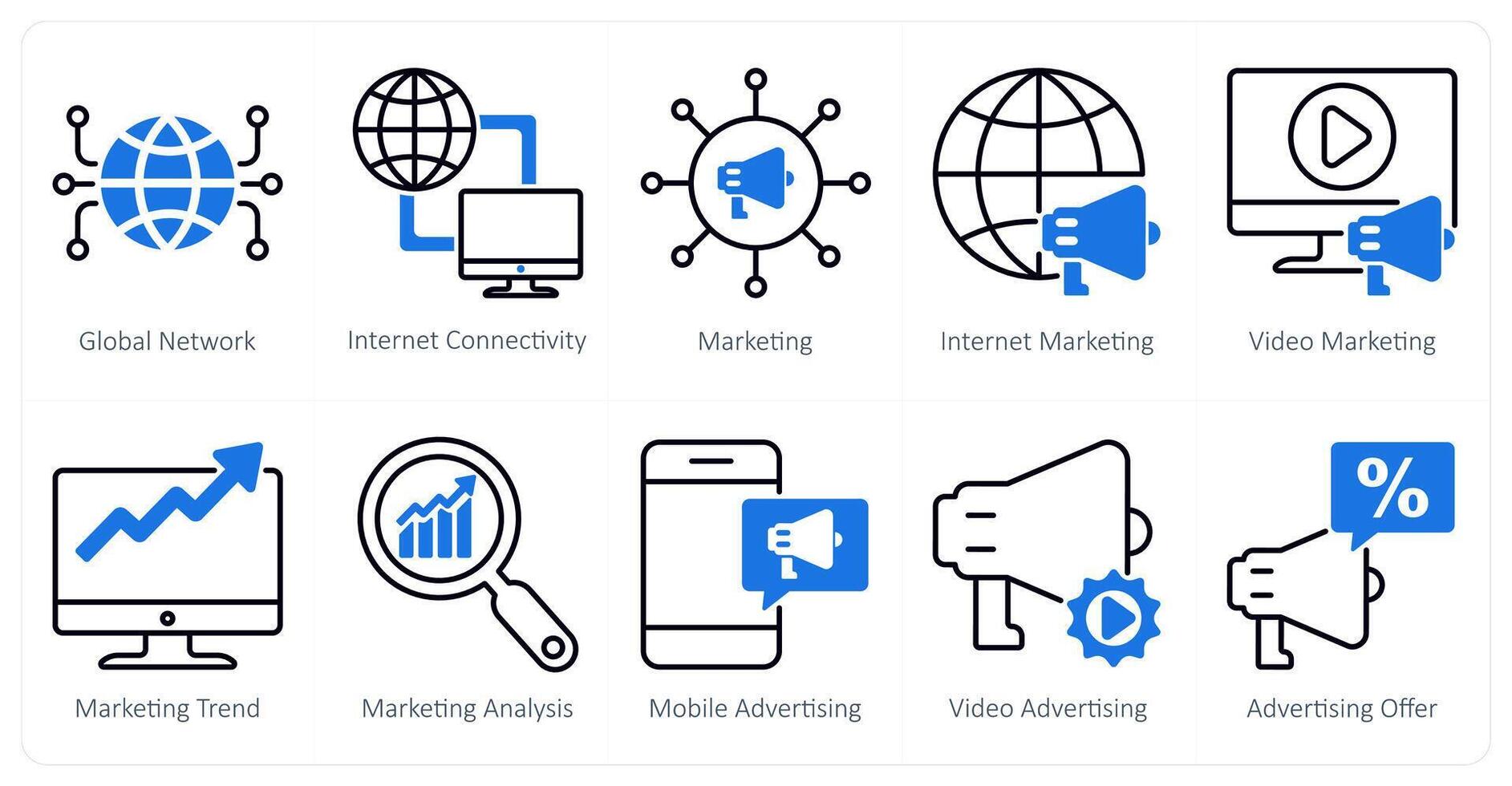 A set of 10 seo icons as global network, internet connectivity, internet marketing vector
