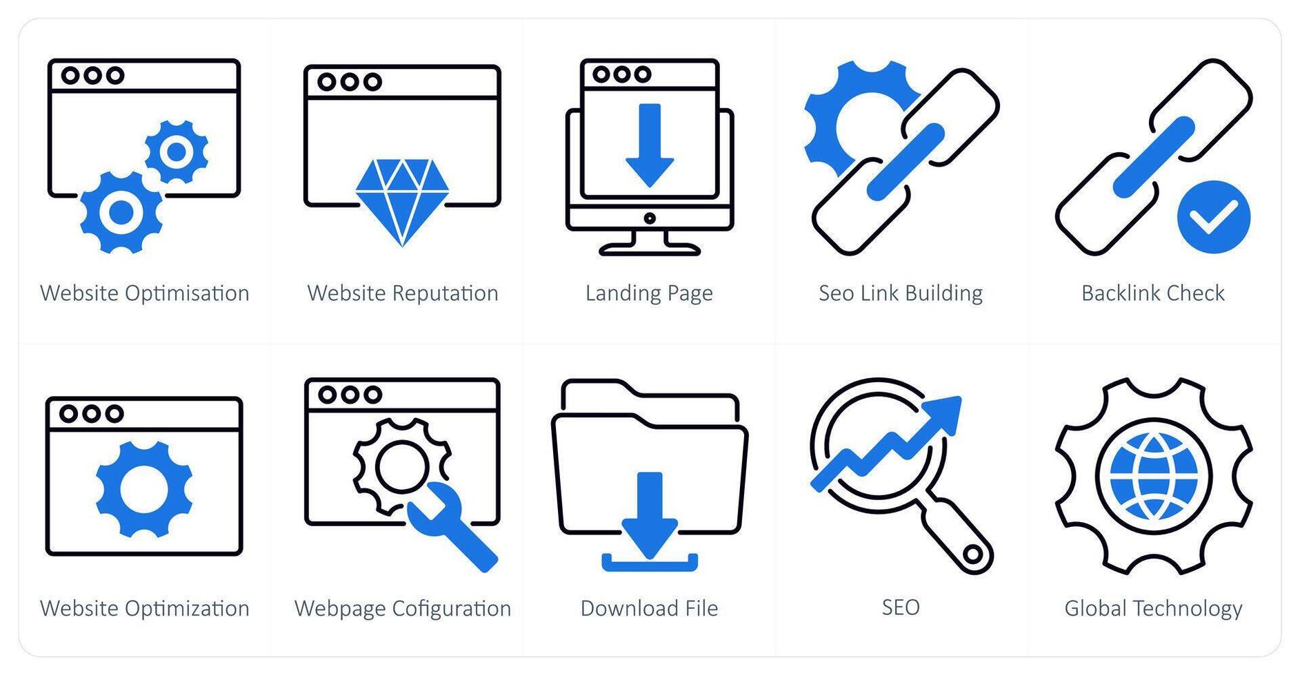 A set of 10 seo icons as website optimisation, website reputation, landing page vector