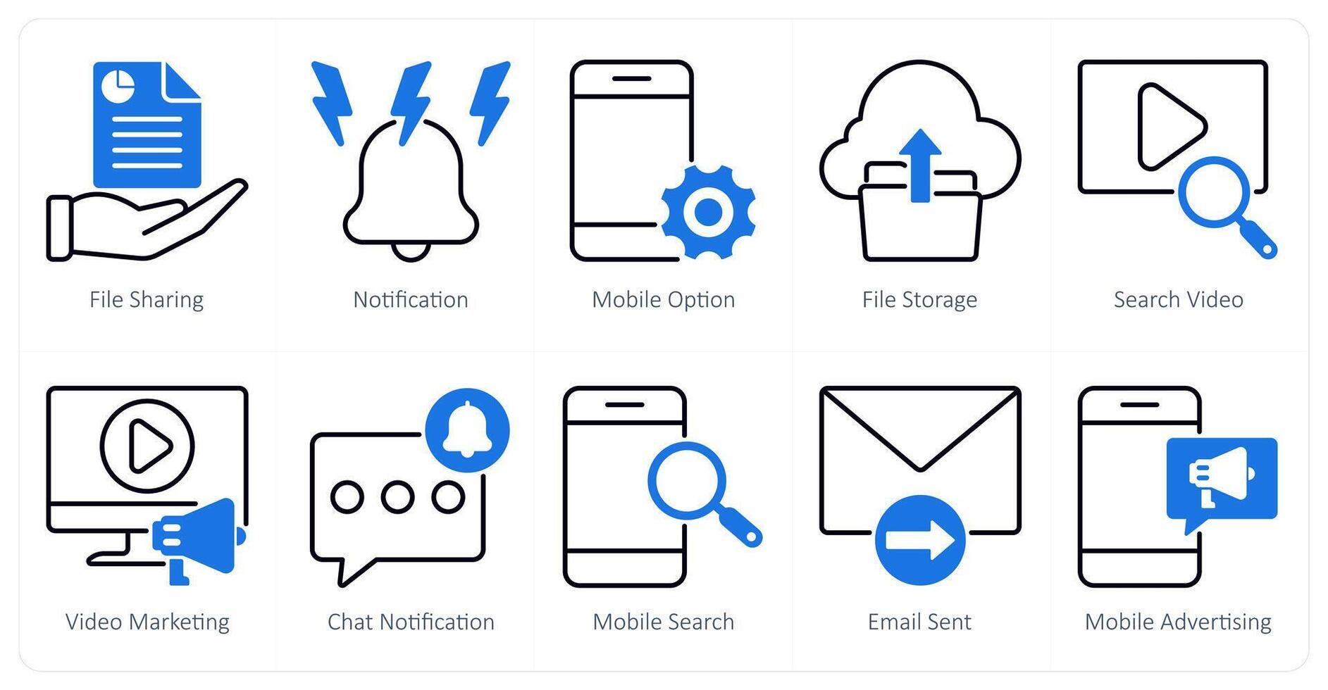 A set of 10 seo icons as file sharing, notification, mobile option vector