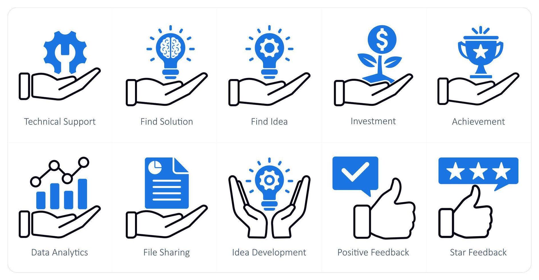 A set of 10 seo icons as technical support, find solution, find idea vector