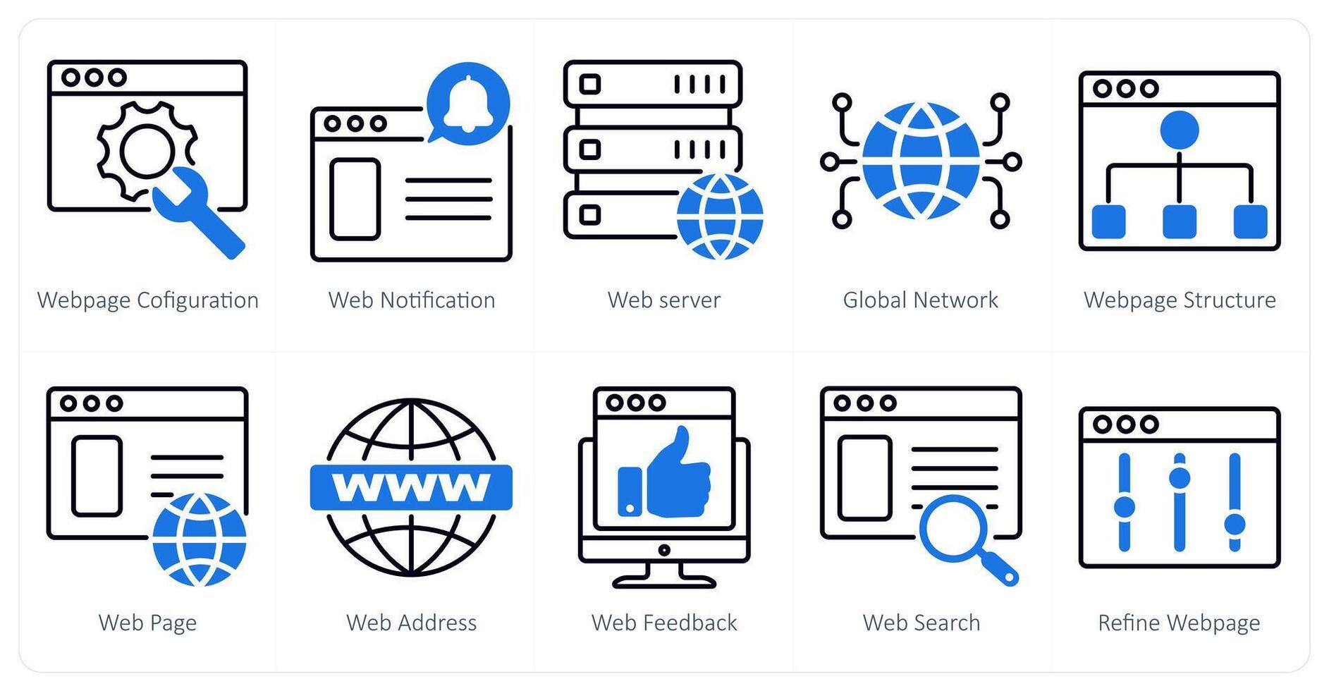 A set of 10 seo icons as webpage configuration, web notification, web server vector