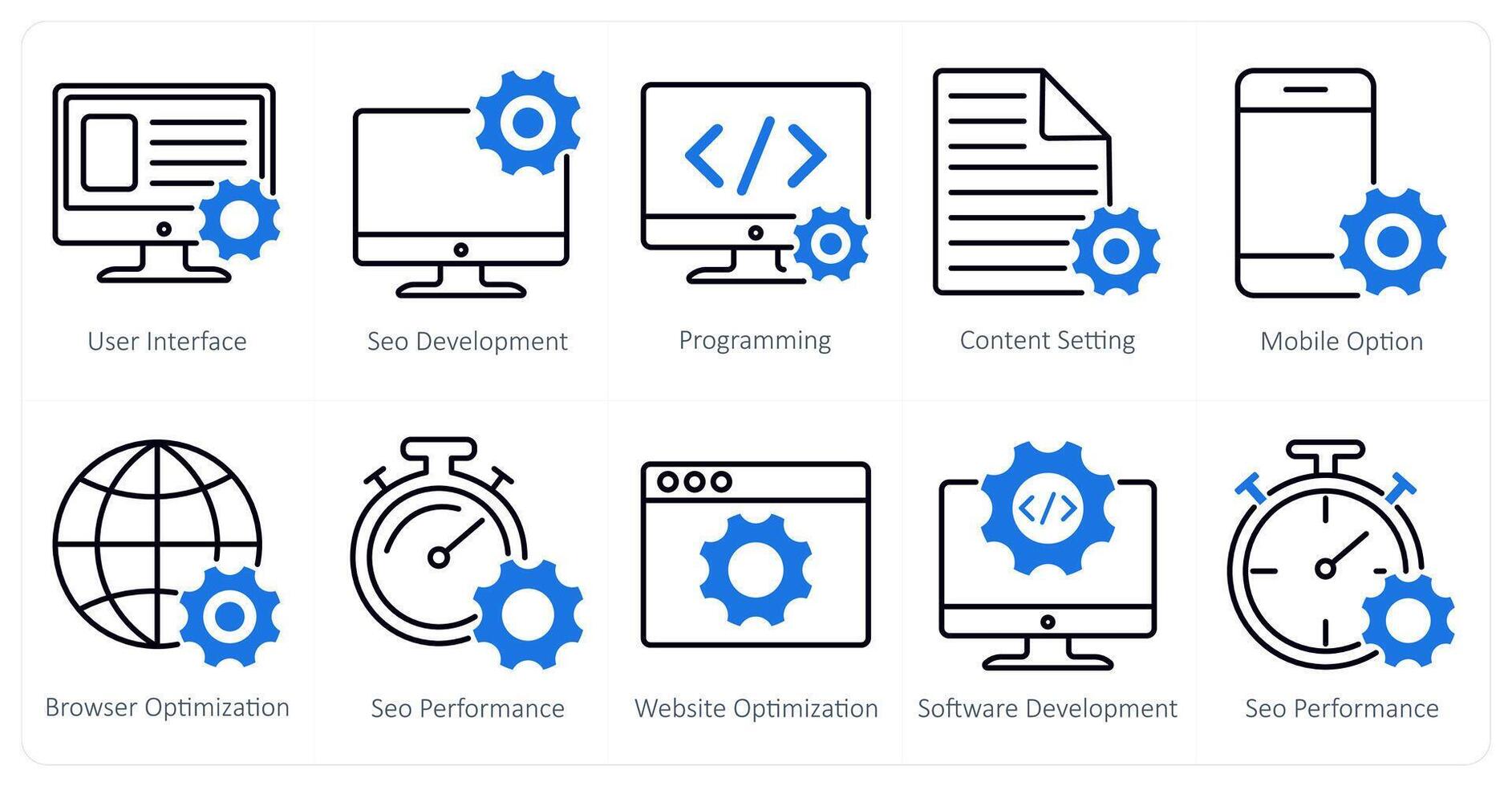A set of 10 seo icons as user interface, seo development, programming vector
