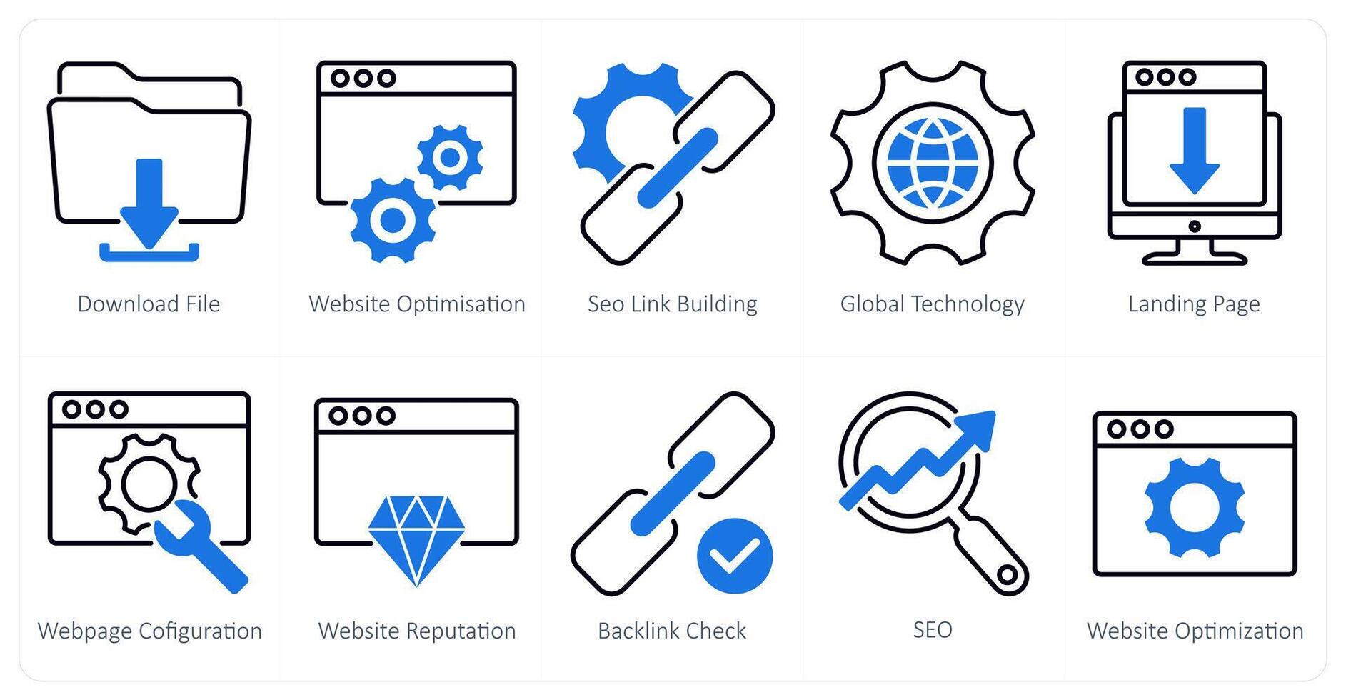 A set of 10 seo icons as download file, website optimization, seo link building vector