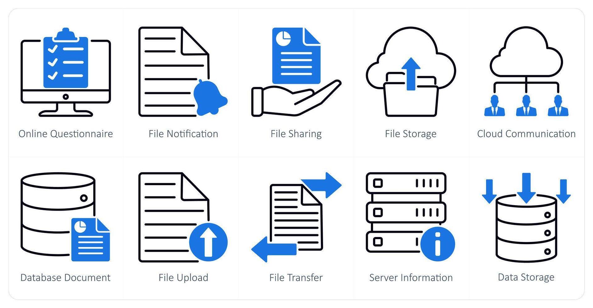 A set of 10 seo icons as online questionnaire, file notification, file sharing vector
