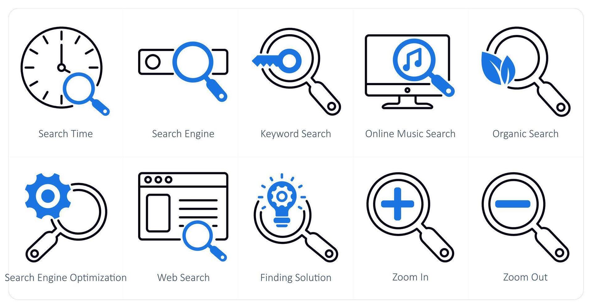 A set of 10 seo icons as search time, search engine, keyword search vector
