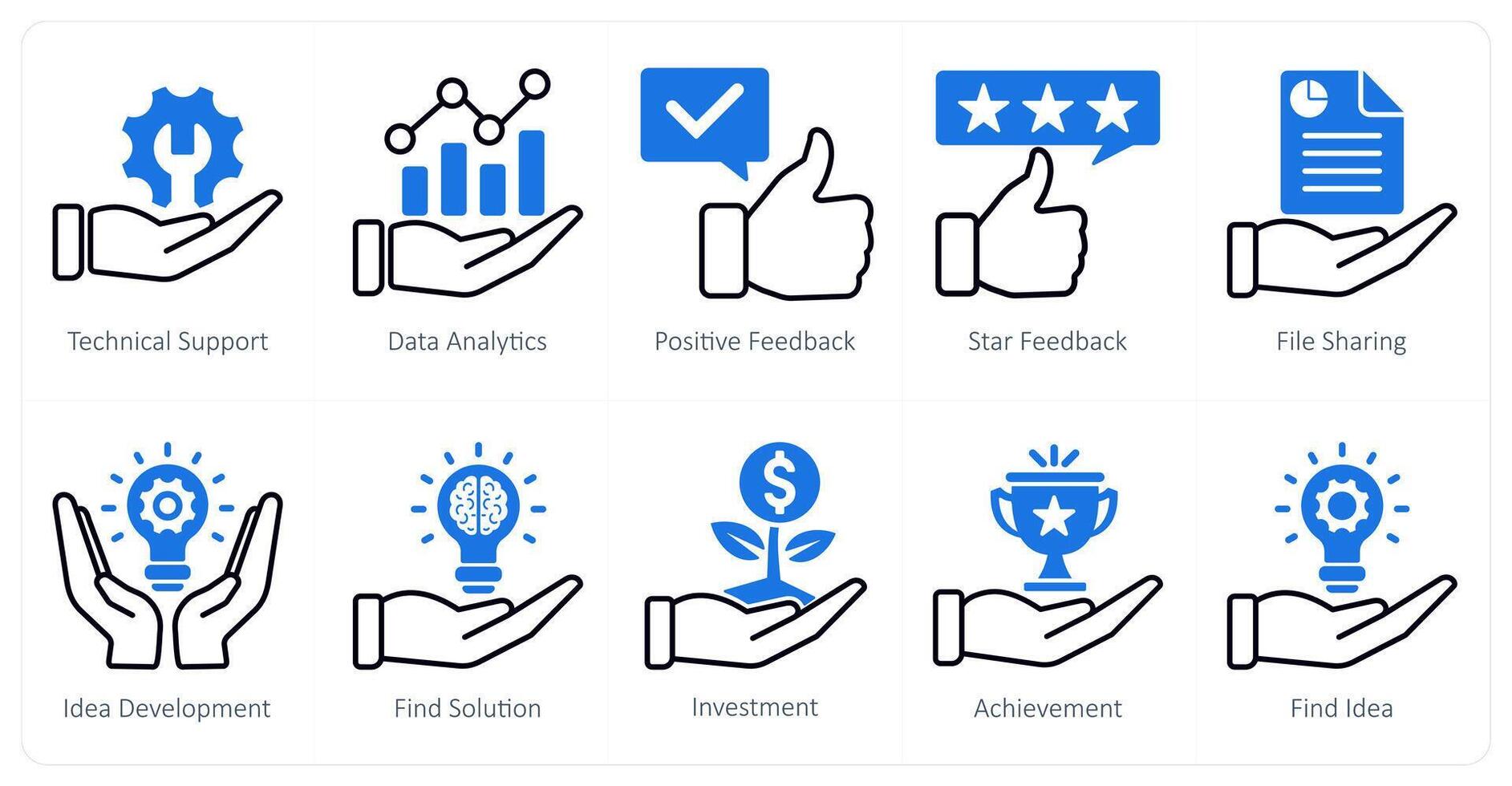 A set of 10 seo icons as technical support, data analytics, positive feedback vector