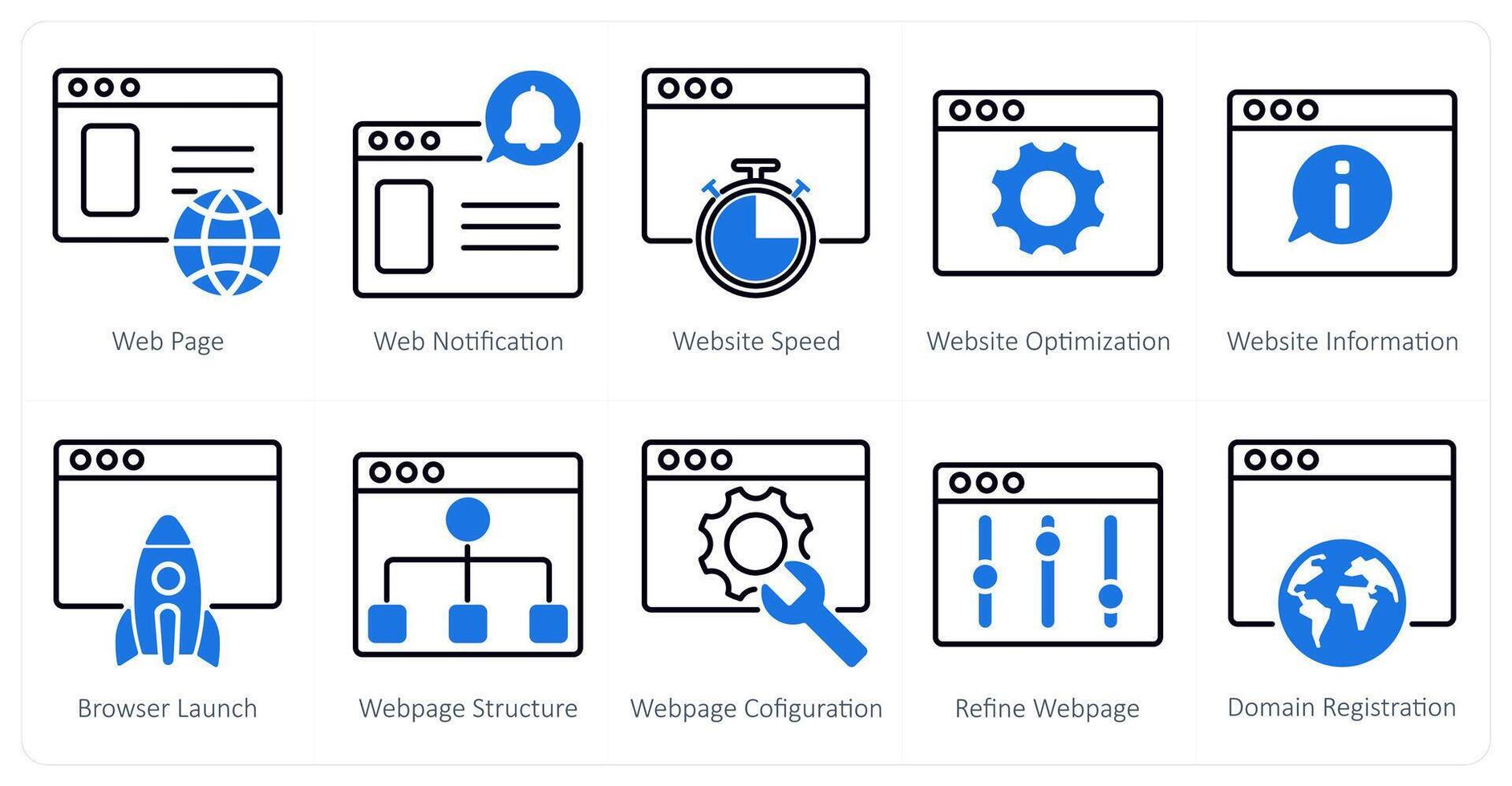 A set of 10 seo icons as webpage, web notification, website speed vector