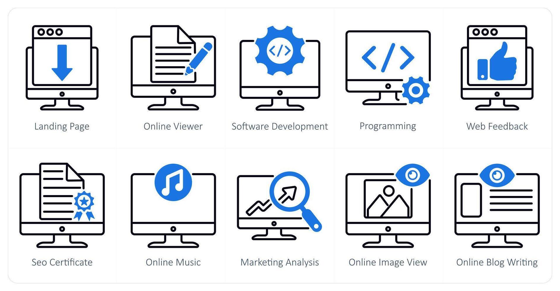 A set of 10 seo icons as landing page, online viewer, software development vector