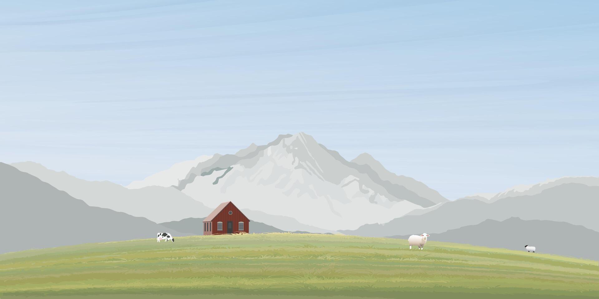 Country house at the grass hill have mountain ranges background. Countryside life minimalism landscape concept graphic illustrated have blank space. vector