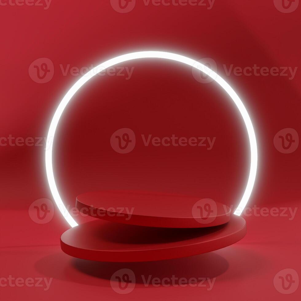 3d render of floating red thin tube podium with glowing ring lights photo