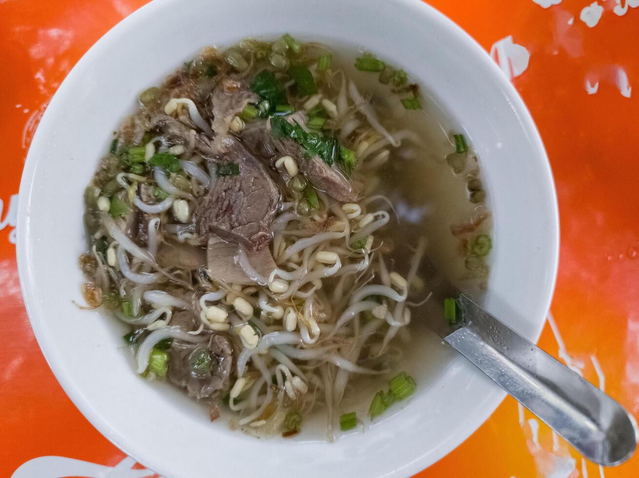 soto daging or soup meat, a typical Indonesian food with processed beef and sprouts, served in a white bowl photo