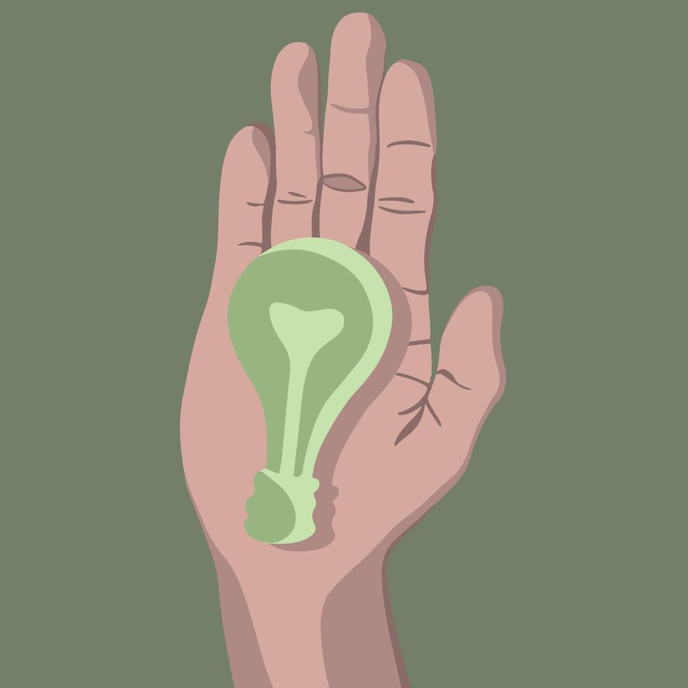 Illustration of energy conservation. A light bulb on the palms. Saving electricity. Saving the planet. vector