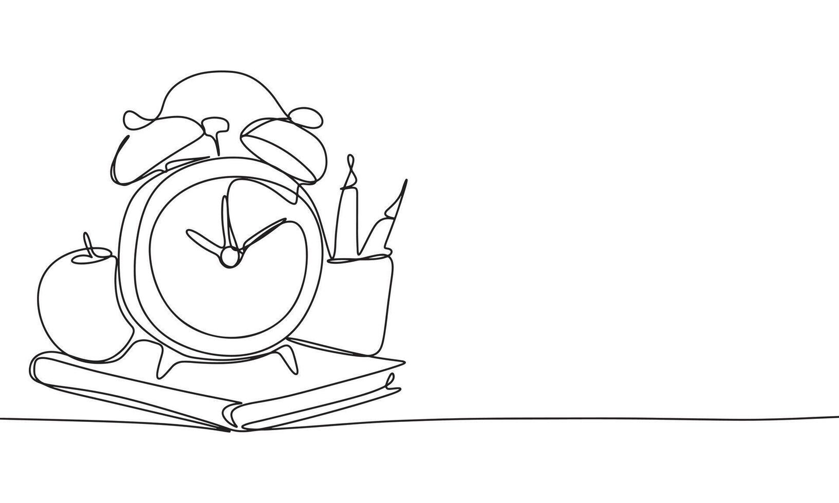 Education concept one line continuous. Alarm apple stationary line art. Hand drawn art. vector